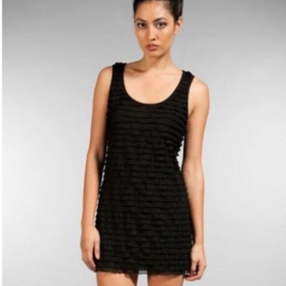Free People Black Ruffle Scoop Neck Sleeveless Mini Dress Women's Size Large L - Picture 2 of 7